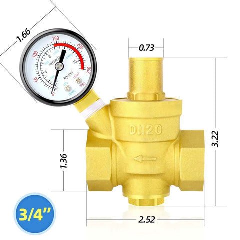 Water Pressure Regulating Valve With Brass Body Three Quarter Inch Inlet DN20, Pressure Reducing Valve 0 To 250 PSI Gauge