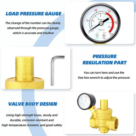 Water Pressure Regulating Valve with brass body, 3/4 inch DN20 inlet, pressure gauge, easy install for home plumbing, durable design.