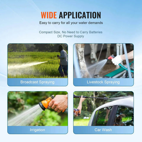 Water Diaphragm Pump, 12V DC, 5.5 GPM Flow, 70 PSI Rated Pressure (40-100 PSI Adjustable) for spray applications in fields and car wash