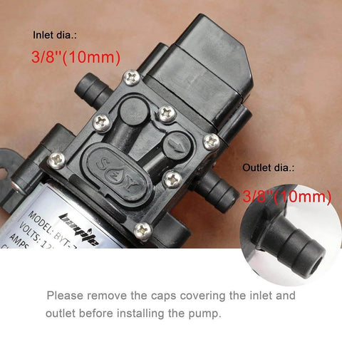 Close-up of bayite 12V DC Fresh Water Pressure Diaphragm Pump with hose inlet and outlet diameter details