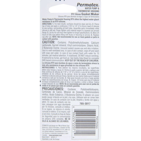 Back view of packaging for Water Pump And Thermostat RTV Silicone Gasket Set Pack Of Six One Half Ounce Tubes with safety instructions.