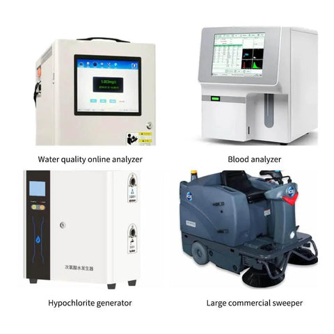 Collage of equipment including a water quality online analyzer, blood analyzer, hypochlorite generator, and large commercial sweeper.