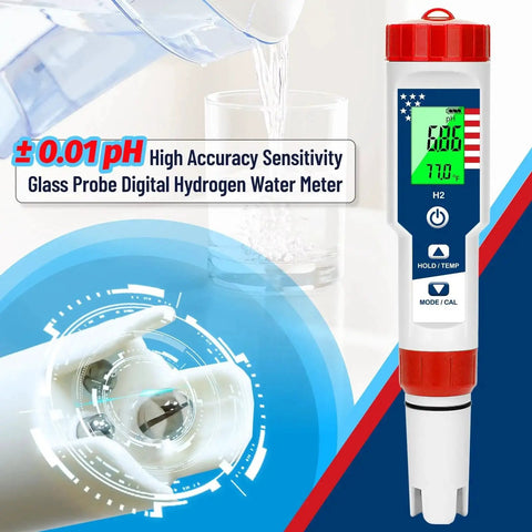 4 In 1 Water Quality Tester For Drinking Water With pH, Hydrogen H2, ORP And Temperature Readouts, digital meter shown
