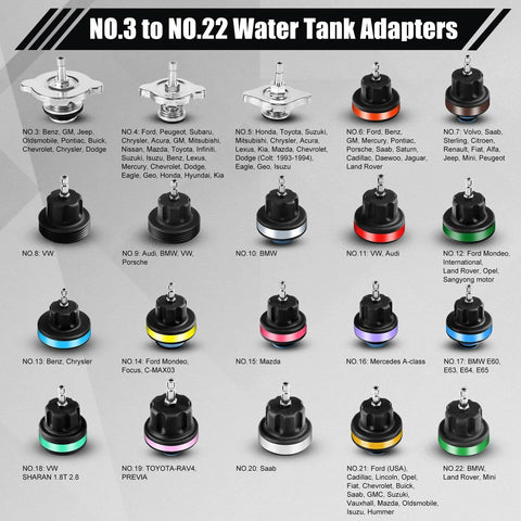 ADAFIRST 28-piece automotive radiator pressure tester and coolant vacuum kit; black adapters with colored rings.