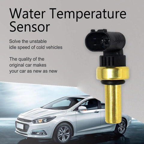 Zufoty engine coolant temperature sensor, gold-tone body with black connector, side view