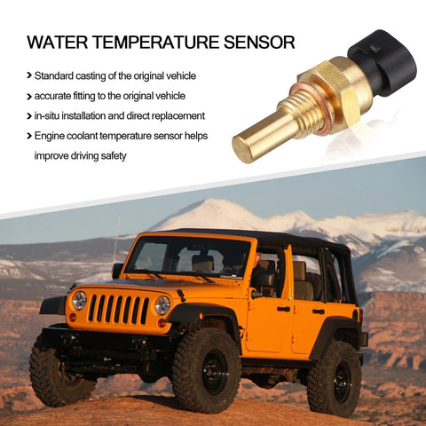 Water temperature sensor for car engine with gold/black connector; orange Jeep Wrangler visible in image