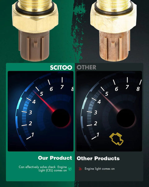 SCITOO coolant water temperature sensor, brown plastic body with brass threaded fitting, two units shown.