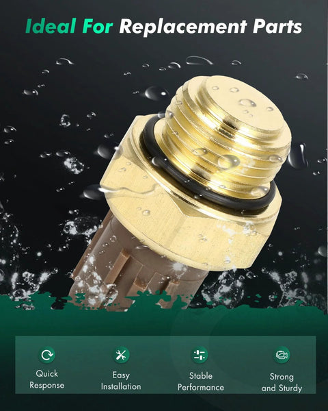 Coolant water temperature sensor with brass threaded body, O‑ring seal, and brown plastic connector.