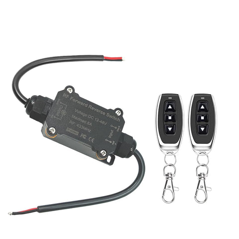 DC12V forward/reverse remote switch module with waterproof casing and two wireless remote controls for DC motor.