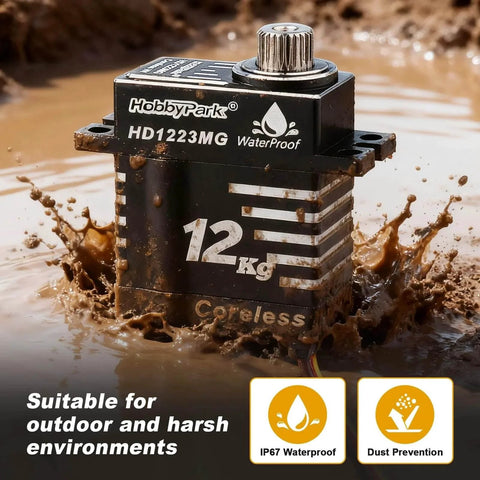 Waterproof 12kg High Torque RC Micro Servo Coreless Motor Metal Gear Digital Servo in muddy terrain.