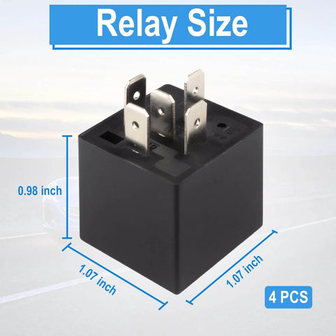 4 Pack 5 Pin 40A Waterproof 12V Car Relays For Electric Cooling Fans Motor Starters And Taillights With Dimensions Shown