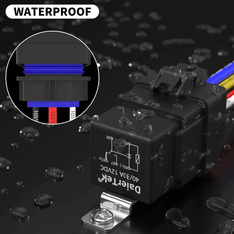 Close-up of 8 Pack 12V SPDT Relay Kit With Built In Diode And 12 AWG Harness Socket 30A 40A Heavy Duty Waterproof Relay For Car