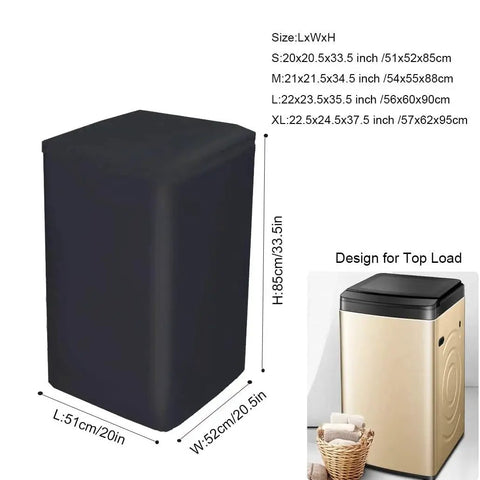 Black waterproof 420D oxford cover for top-load washer, protecting from sun, dust, rain, and scratches, size shown in image.
