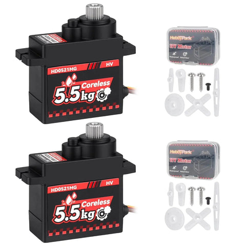 2-Pack Waterproof 5.5kg High Torque Micro Servo Coreless Motor Metal Gear Arduino Servo RC Servo for 1/24 models, side view with accessories