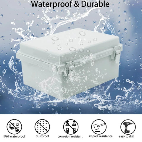 All Weather Built To Last IP67 Waterproof ABS Electrical Enclosure With Hinged Cover And Stainless Steel Latch in rain.