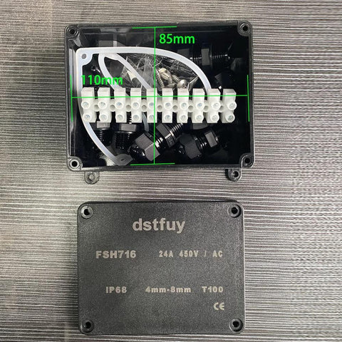 IP68 Waterproof Electrical Box With 24A Barrier Terminals, 10 Position Terminal Block, ABS Plastic Black Junction Box Kit With PG9 Cable Glands