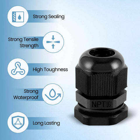 Waterproof Cable Gland One Half Inch NPT Adjustable Six To Twelve Millimeter Through Cord Grip Nylon Cable Gland Joints IP68 Rated