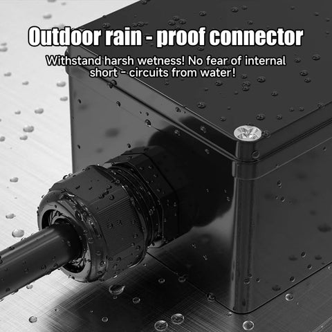 Waterproof Cable Gland Kit 50 Pack For 3 To 16mm Cables installed on black weatherproof electrical box with raindrops.