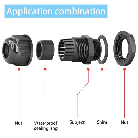 Exploded view of 10 Pack Waterproof Cable Glands And Joints For 6 To 12mm Cables M20x1.5 with components labeled.