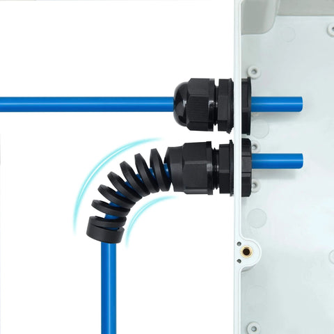 10 Pack Waterproof Cable Glands With NPT Half Inch Thread, Fits 6 To 12 Mm Cables, PA66 Material, IP68 Waterproof Strain Relief Cord Connector Grip, Bulk Pack For Harsh Wet Environments installed on blue cables in control box