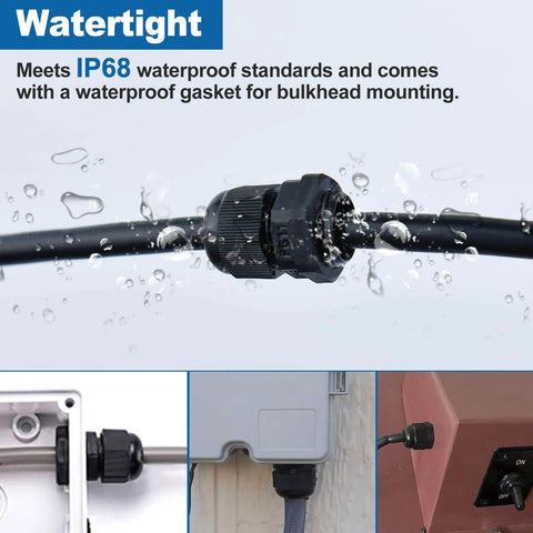 Waterproof Nylon Cable Gland Kit With 50 Pieces, 3-16 mm Range, Includes PG7 PG9 PG11 PG13.5 PG16 PG19, IP68 Plastic Glands illustrating use on cables.