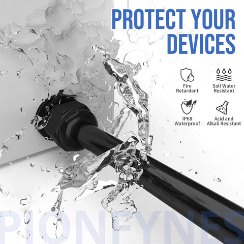 1/4 Inch NPT Waterproof Cable Gland Set showcasing water resistance, black nylon gland installed with water splashing for IP68 protection.