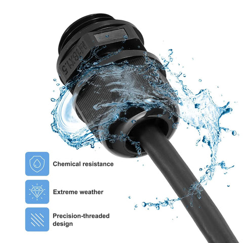 Close-up of the Beefed-Up Waterproof Cable Glands Kit, 20 Pcs M10x1.5 Thread, showing PA6 nylon IP68 sealed connector with water splash