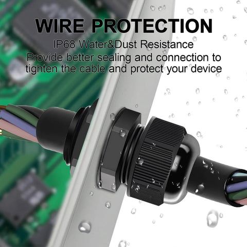 Close-up of a black 10 Pack PG7 Cable Glands Waterproof Adjustable 4 To 8mm Cable Entry Connectors Nylon Joints installed in a panel.