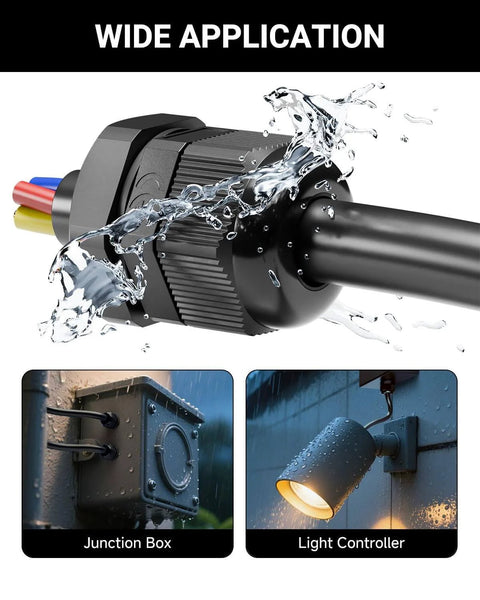 Ten Pack One Half Inch NPT Cable Glands Nylon Waterproof IP68 Cord Connectors PA66 in use with junction box and light controller