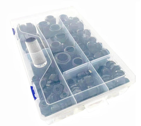 72 Piece Waterproof Cable Gland Kit With Gaskets for PG7 PG9 PG13.5 PG21 PG29 IP68 Pass Through Grommets Nylon PA66 in organizer box