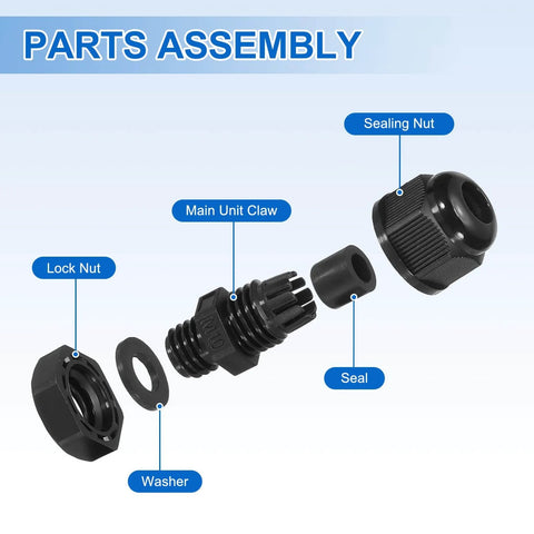 Exploded view of Beefed-Up Waterproof Cable Glands Kit, 20 Pcs M10x1.5 Thread, showing parts including sealing nut, claw, and washer.