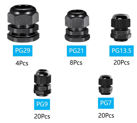 72 Piece Waterproof Cable Gland Kit With Gaskets for PG7 PG9 PG13.5 PG21 PG29 IP68 Pass Through Grommets Nylon PA66 sizes shown