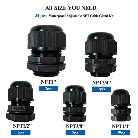 24 Piece Waterproof Cable Gland Kit With Adjustable NPT Glands For Cord Grip And Strain Relief All In One Set front view