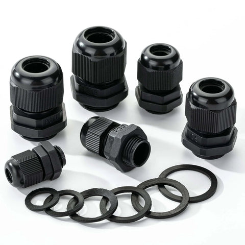 Waterproof Cable Gland Set, 50 Pack, Six Sizes PG7 PG9 PG11 PG13.5 PG16 PG19, IP68 Plastic Cord Grip Glands For Outdoor Enclosures