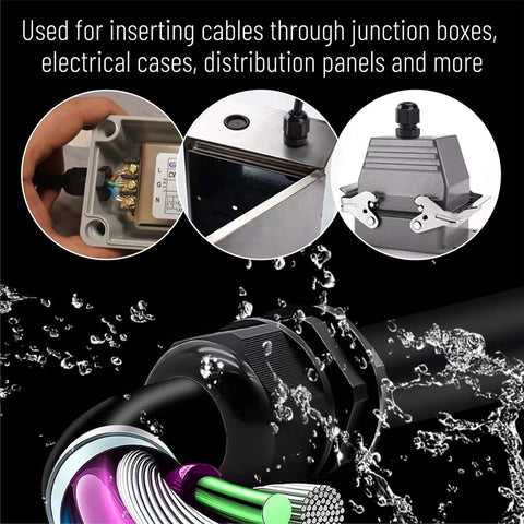 Waterproof Cable Gland Set, 50 Pack, Six Sizes PG7 PG9 PG11 PG13.5 PG16 PG19, IP68 Plastic Cord Grip Glands installation view