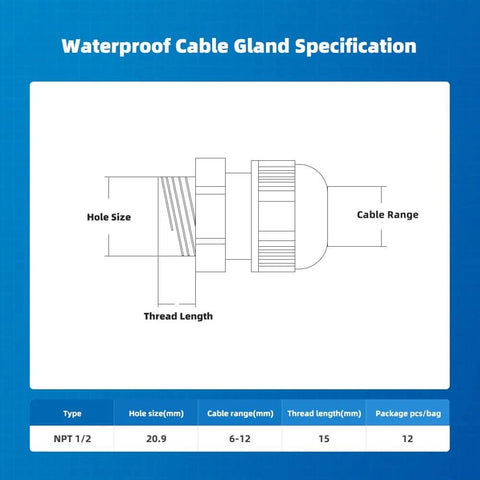 Diagram showing dimensions and specifications for 12 Pack 1/2 Inch NPT Cable Glands Waterproof Beefy Adjustable Strain Relief Connectors Nylon PA66 With Gaskets.