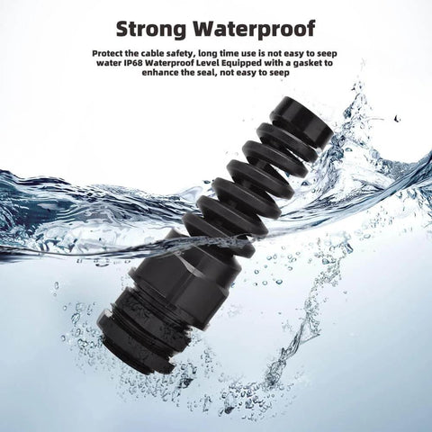 Strain Relief Cord Connectors Kit 10 Pack NPT One Quarter Inch Waterproof Cable Glands With Spiral Adjustable Grip and gasket in water.
