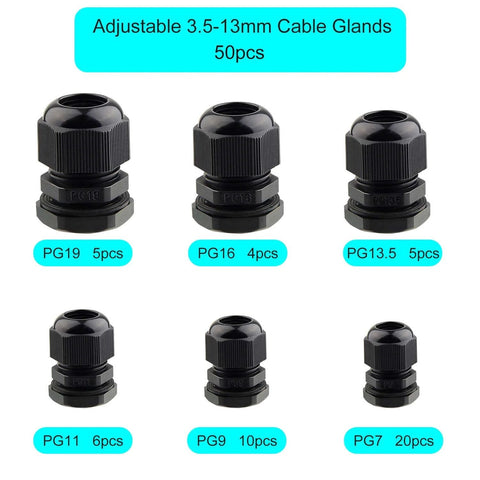 All In One 50 Pack Waterproof Cable Glands Kit With Gaskets For 3 16mm Cables Includes Six Sizes PG7 PG9 PG11 PG13.5 PG16 PG19 Nylon