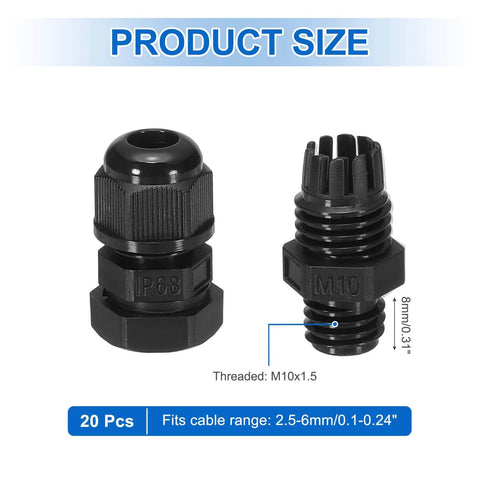 Beefed-Up Waterproof Cable Glands Kit, 20 Pcs M10x1.5 Thread, Adjustable 2.5-6mm Cable Diameter, PA6 Nylon IP68, product size details