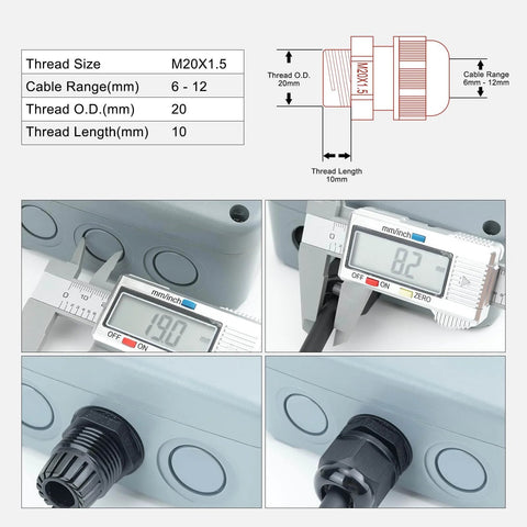 Waterproof M20x1.5 Cable Glands Set, 20 Pcs Black Compression Cable Connectors For Outdoor Lighting And Garden, IP66 shown with measurements