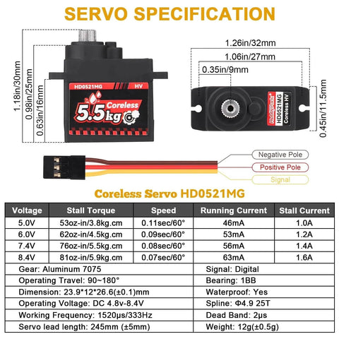 2-Pack Waterproof 5.5kg High Torque Micro Servo Coreless Motor Metal Gear Arduino Servo RC Servo for 1/24 Crawler Cars Boats Robotics SCX24 Steering Servo 4.8-8.4V with detailed specifications.