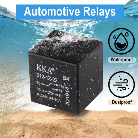Image of a 4 Pack 5 Pin 40A Waterproof 12V Car Relay, showcasing the waterproof and dustproof features in an automotive setting.