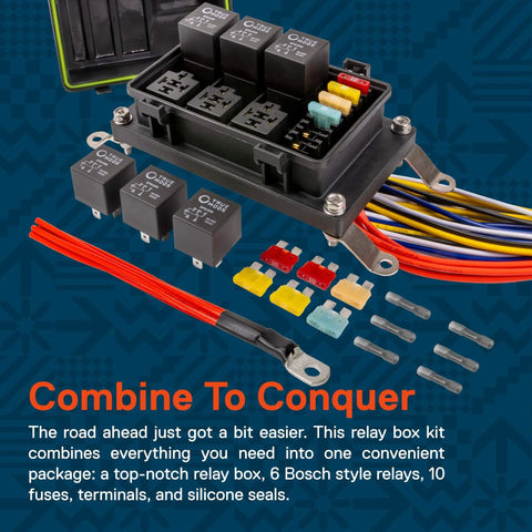 Waterproof 12V Fuse Relay Box Kit With Prewired Harness for Automotive and Marine Use, showing 6 Bosch style relays and fuses.