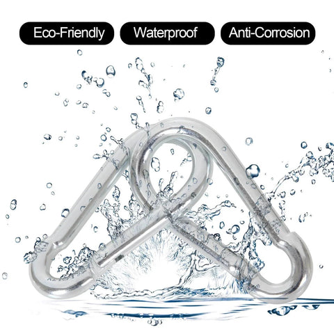 Sixty Pack Heavy Duty Galvanized Steel Carabiner Clips M8 Three And One Eighth Inch Spring Snap Hooks splashing in water