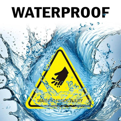 Waterproof sign with water splash effect showing a warning triangle symbol with a hand injury caution graphic.