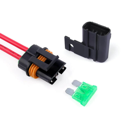 Waterproof Inline Fuse Holder 12V With Cover 6 Pack for Automotive Marine and Outdoor Use, fuse and wiring visible.