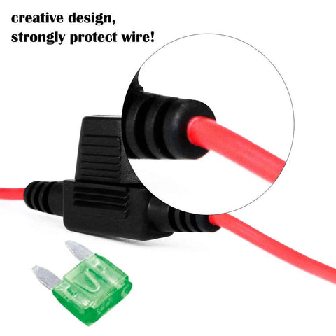 Close-up of IP65 Waterproof Inline Fuse Holder Kit with 16 AWG Wire, ATM Blade Fuse, black casing, 12-inch length