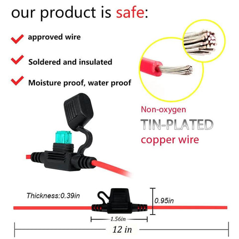 Waterproof Inline Fuse Holder Kit With 16 AWG Wire 12 Inch Length ATM Blade Fuse Compatible For Vehicle Boat RV Tractor 10 Pack IP65 Dustproof Seal Rugged Workhorse Build Tin Copper Conductors Fuses Not Included image showing close-up of wire and holder.