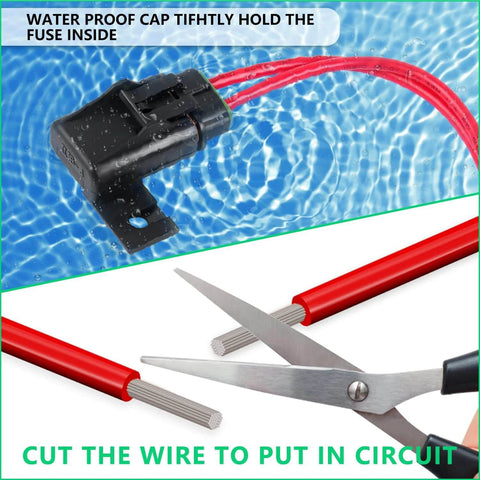 Waterproof Inline Fuse Holder 12V With Cover 6 Pack for Automotive Marine Outdoor Use, cutting red wires with scissors