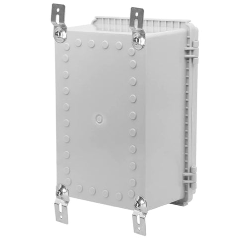 Front view of IP67 Waterproof Junction Box with Hinged Cover, Heavy Duty Stainless Steel Latch, Plastic Enclosure with Mounting Plate